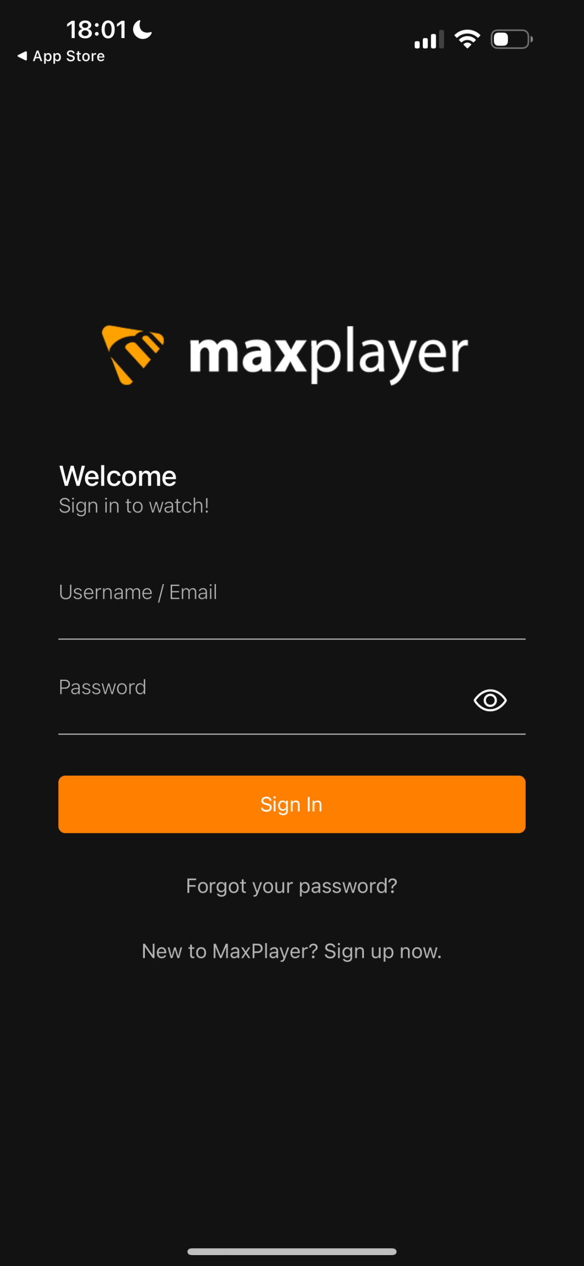 Pantalla de inicio de sesión de MaxPlayer en iOS