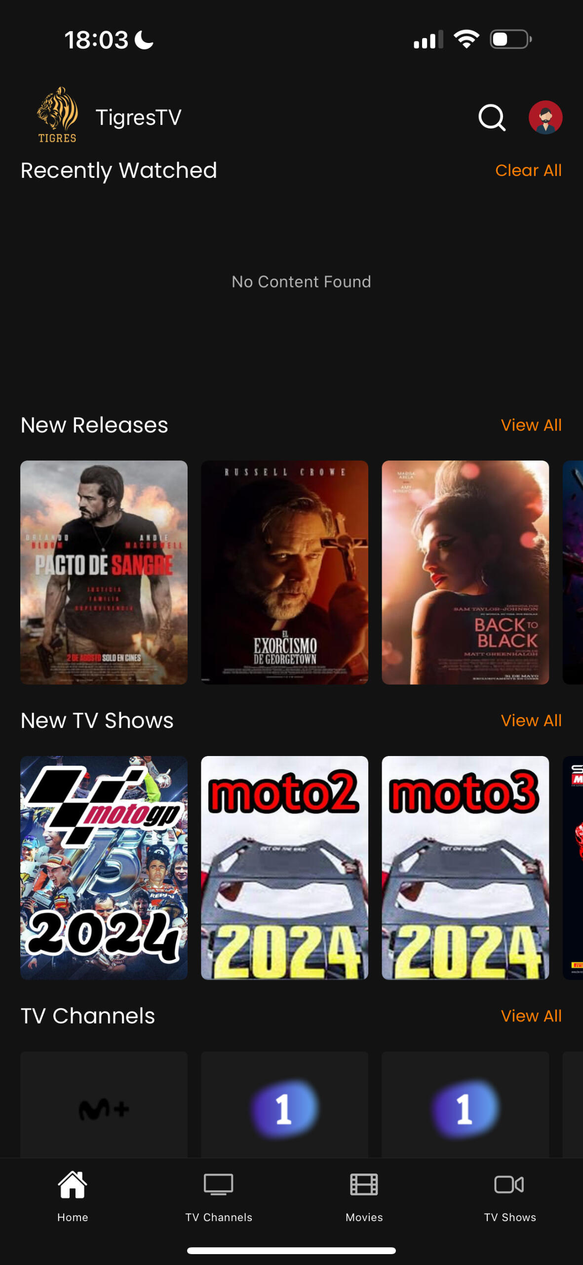 Pantalla principal de MaxPlayer con contenido cargado