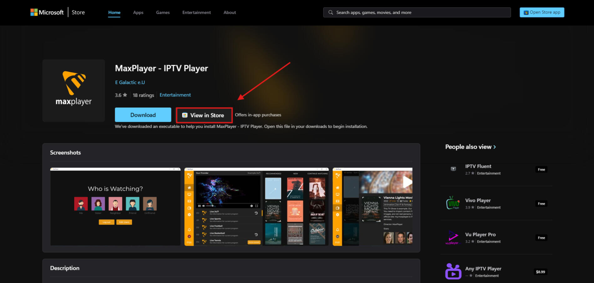 Página web de MaxPlayer en la Microsoft Store