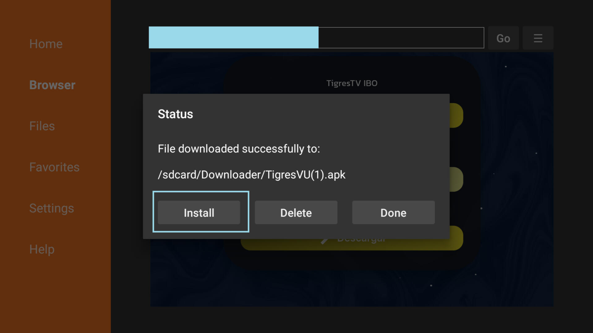 Botón Install en el recuadro de descarga