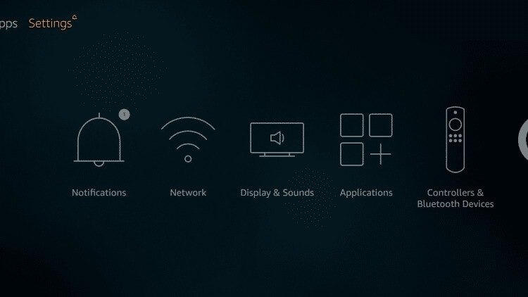 Menú principal del Fire Stick con Ajustes seleccionado