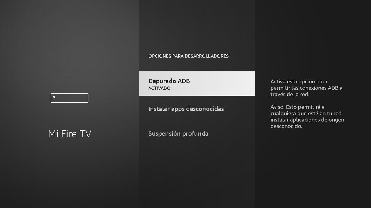 Opción Depuración ADB activada