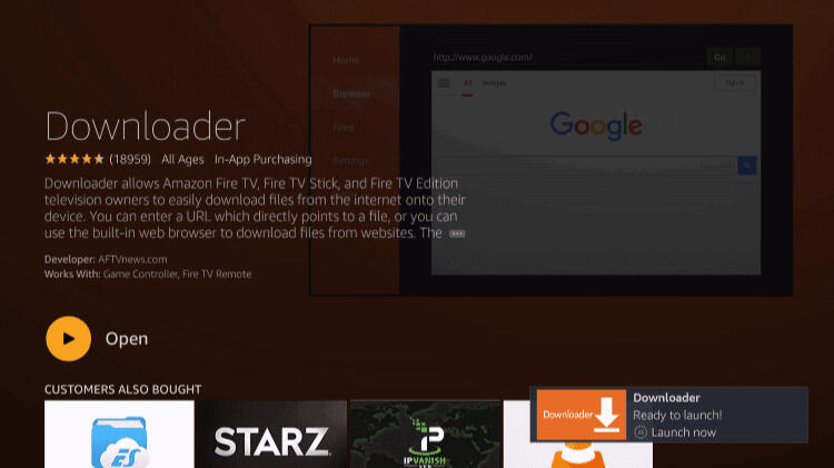 Botón Abrir para lanzar Downloader