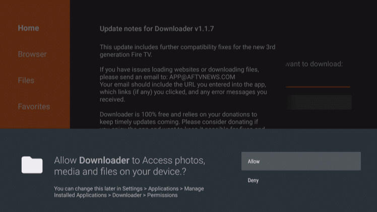 Aviso de permisos de Downloader