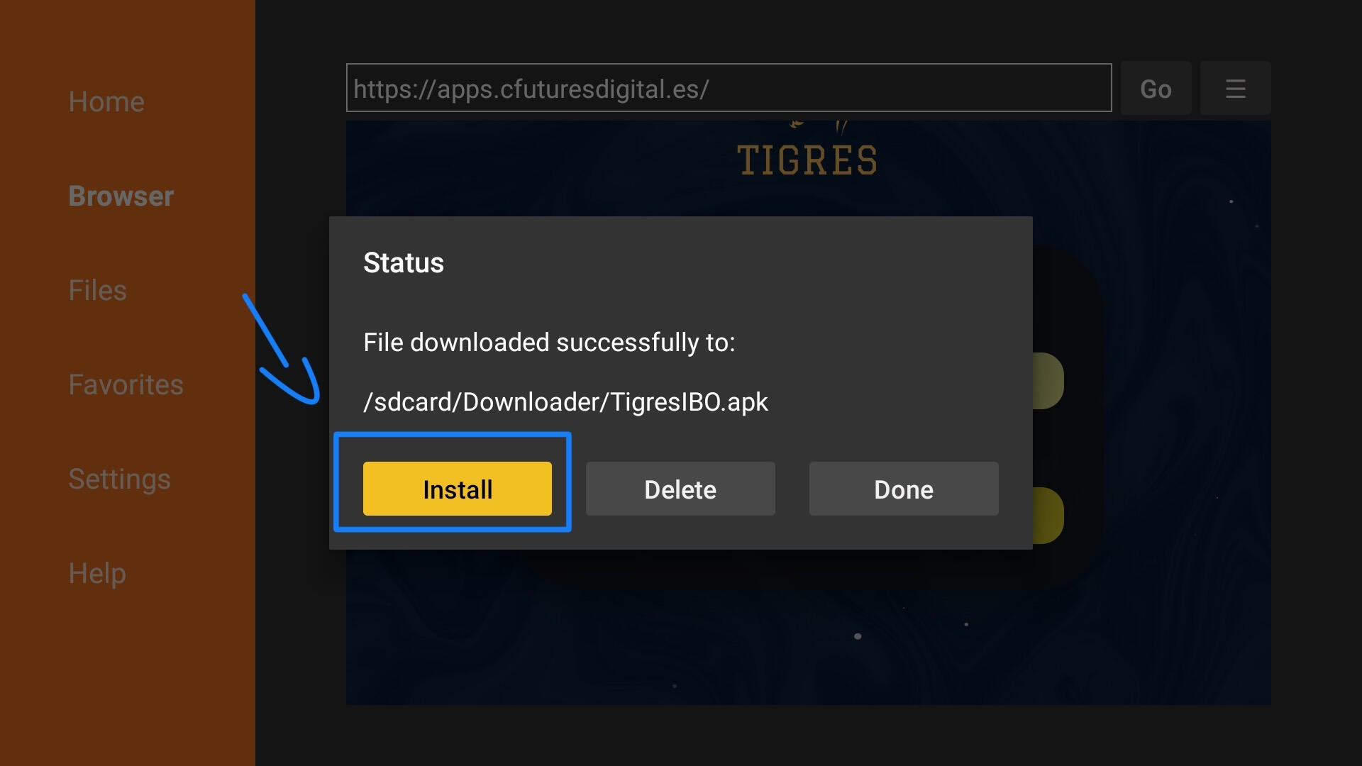Botón Install en el recuadro de descarga
